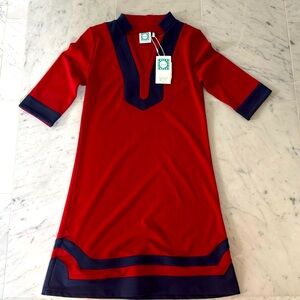 Vfish Red and Blue A-line Dress with V-neck 3/4 Sleeves